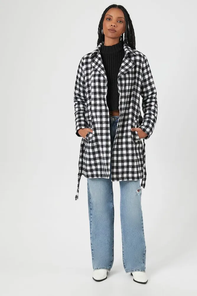 Women's Gingham Plaid Longline Belted Coat Black/White