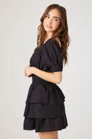 Women's Smocked Puff-Sleeve Mini Dress in Black Small