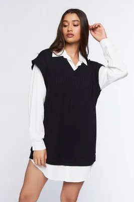 Women's Sweater Vest & Shirt Combo Dress in Black/White Small