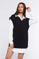 Women's Sweater Vest & Shirt Combo Dress in Black/White Small