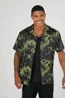 Men Dragon Print Short-Sleeve Shirt in Black/Yellow Medium