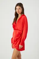 Women's Satin Surplice Tulip-Hem Mini Dress Fiery