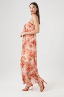 Women's Tropical Leaf Print Maxi Dress in Rust Small