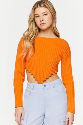 Women's Ribbed V-Hem Long-Sleeve Crop Top in Neon Orange Small