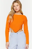 Women's Ribbed V-Hem Long-Sleeve Crop Top in Neon Orange Small