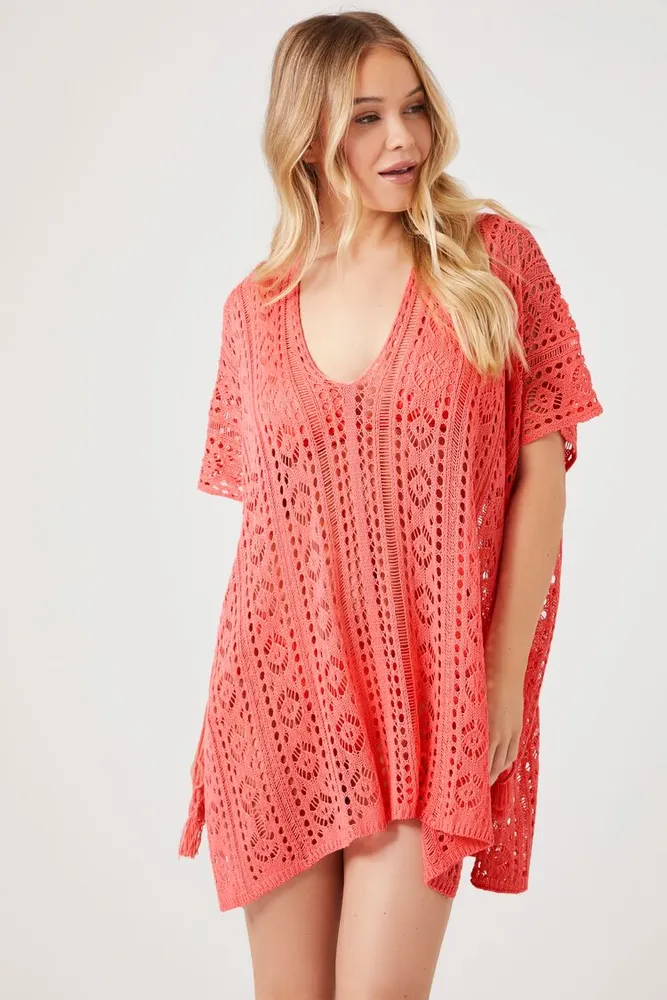 Women's Sheer Swim Cover-Up Dress in Coral Medium