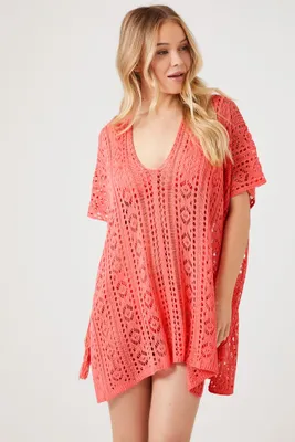 Women's Sheer Swim Cover-Up Dress in Coral Medium