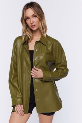 Women's Faux Leather Drop-Sleeve Shacket in Olive Small