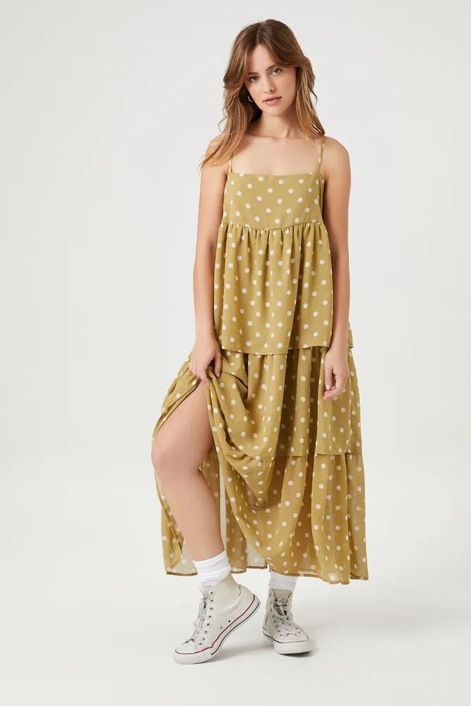 Women's Polka Dot Tiered Midi Dress in Olive Large