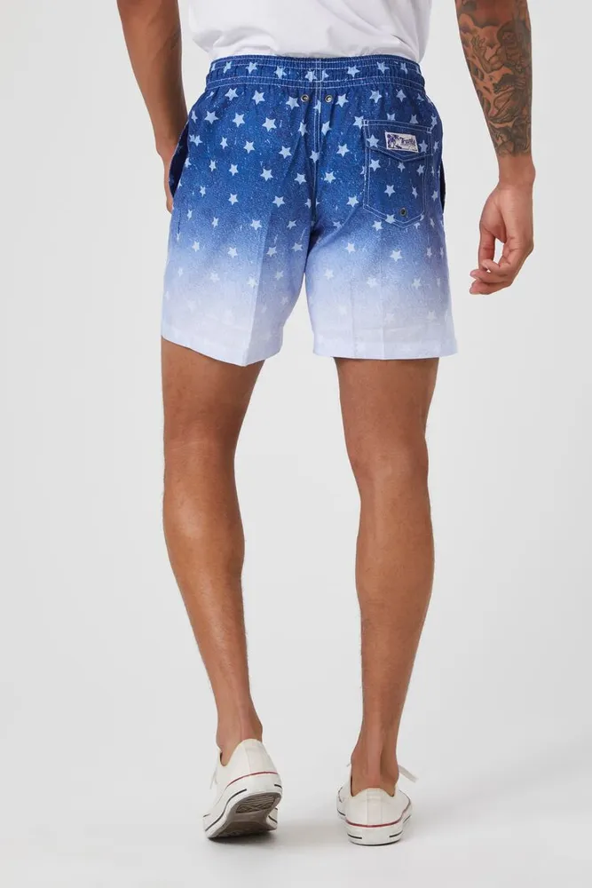 Men Gradient Star Print Swim Trunks in Blue Large