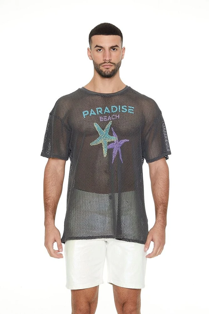 Men Mesh Paradise Beach Graphic Tee in Black Small