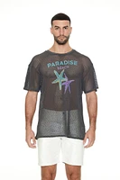 Men Mesh Paradise Beach Graphic Tee in Black Medium