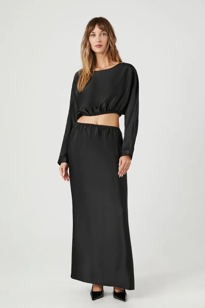 Women's Satin Crop Top & Maxi Skirt Set