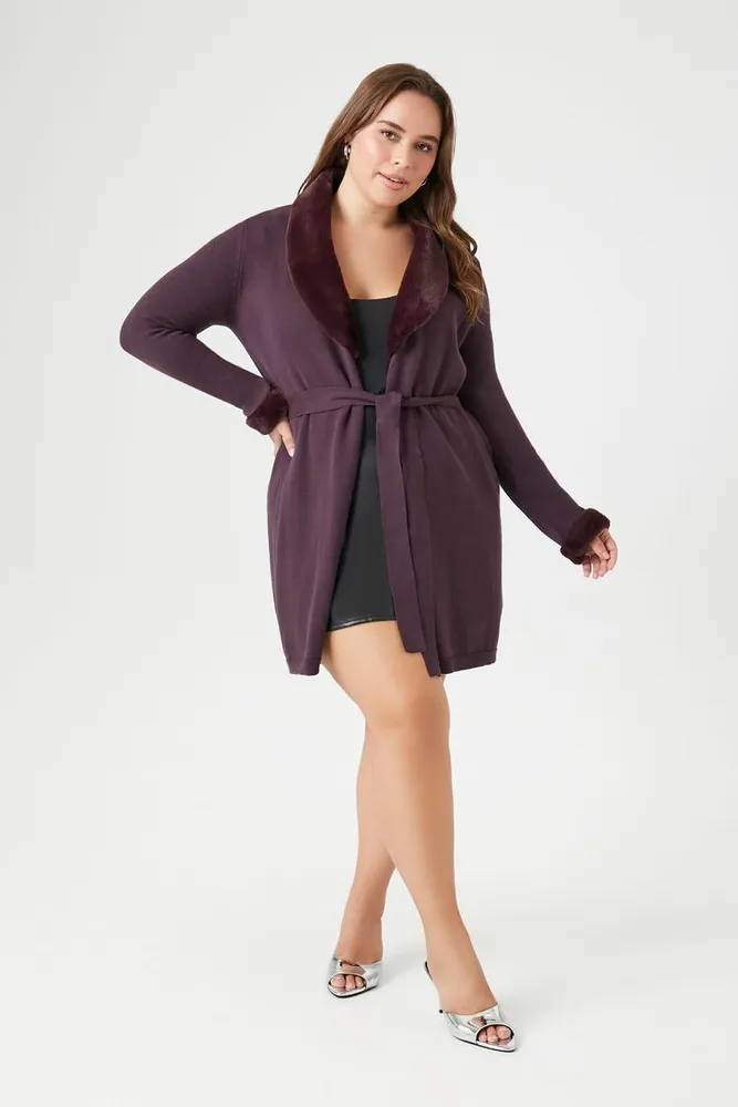 Women's Faux Fur-Trim Cardigan Sweater Eggplant,