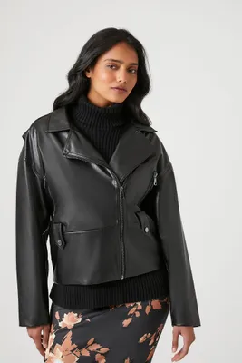 Women's Faux Leather Moto Jacket in Black Large