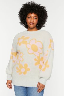 Women's Fuzzy Floral Sweater in Celadon, 0X