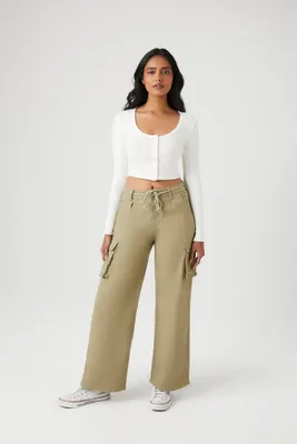 Women's Twill Drawstring Cargo Pants in Green Small