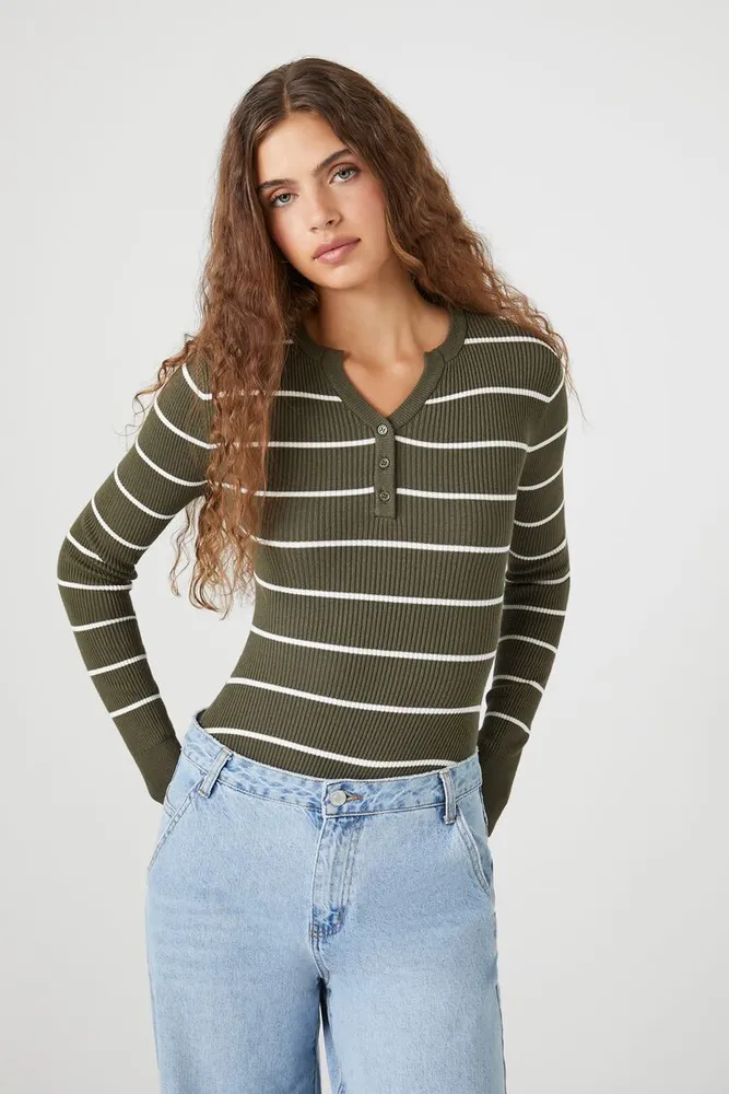 Women's Striped Long-Sleeve Bodysuit Green/White