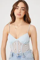 Women's Sheer Floral Corset Bodysuit in Blue Small