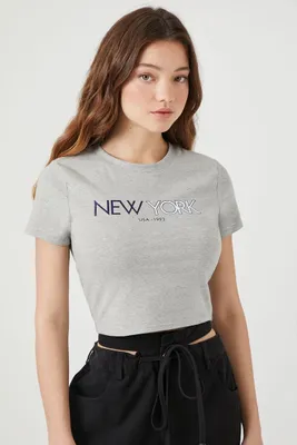 Women's Ribbed New York Graphic Cropped T-Shirt in Heather Grey, XL