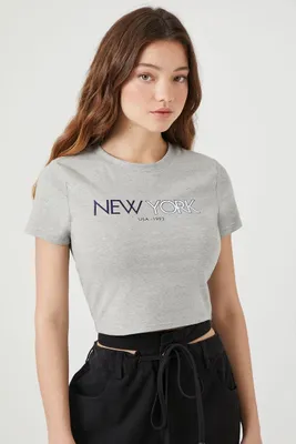 Women's Ribbed New York Graphic Cropped T-Shirt in Heather Grey Large