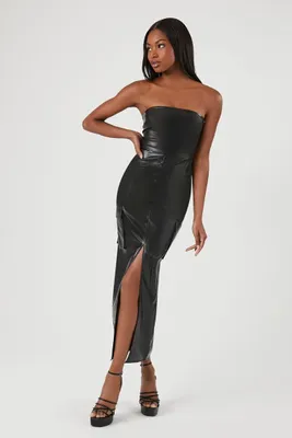 Women's Faux Leather Midi Tube Dress in Black Small
