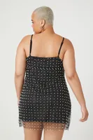 Women's Pearl & Sequin Mesh Mini Dress in Black, 0X