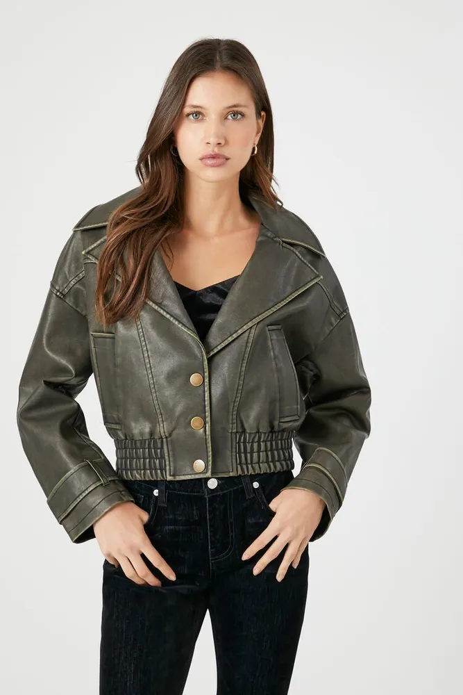 Women's Faux Leather Notched Moto Jacket in Grey Large