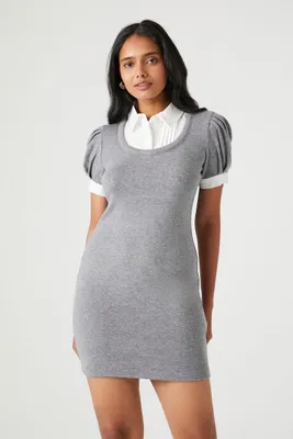 Women's Puff-Sleeve Combo Mini Shirt Dress in Heather Grey/White Large