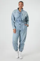 Women's Denim Funnel-Neck Jumpsuit in Medium Denim, 1X