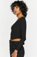 Women's Long-Sleeve Button-Front Crop Top in Black Large