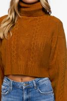 Women's Cropped Cable Knit Turtleneck Sweater in Brown Large