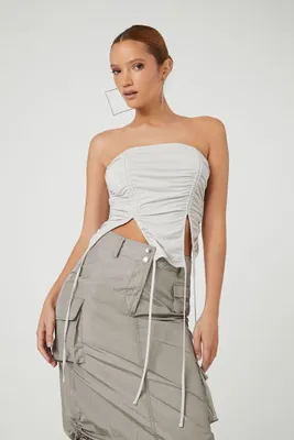 Women's Ruched Drawstring Tube Top in Silver Medium