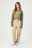 Women's Sheer Cropped Crochet Sweater in Olive Medium