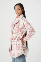 Women's Plaid Faux Shearling Longline Jacket in Pink Large