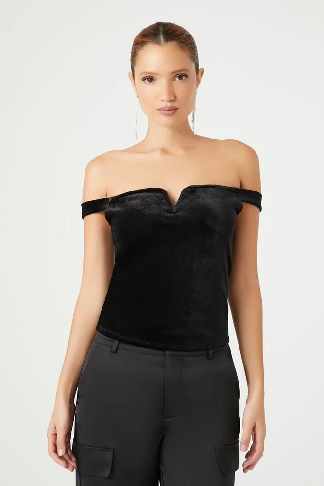 Women's Velvet Off-the-Shoulder Top in Black, XL