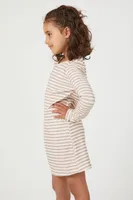 Girls Striped Long-Sleeve Dress (Kids) in Cream, 11/12