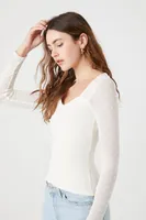 Women's Ribbed Lattice-Sleeve Top in White Medium