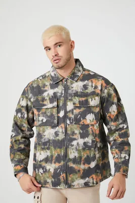 Men Watercolor Print Zip-Up Jacket in Grey, XL