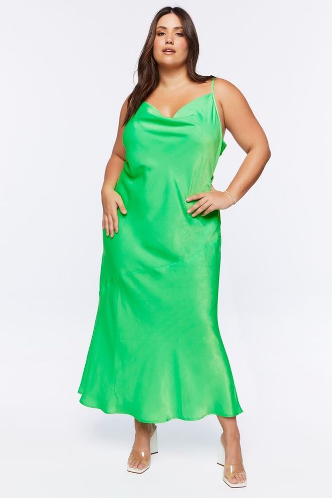 Women's Satin Slip Maxi Dress in Green Haze, 1X