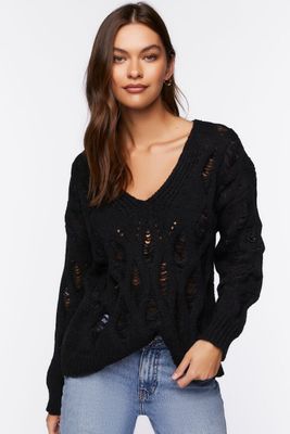 Women's Open Knit V-Neck Sweater in Black Small