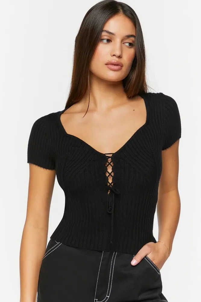 Women's Sweetheart Lace-Up Sweater Top in Black Small