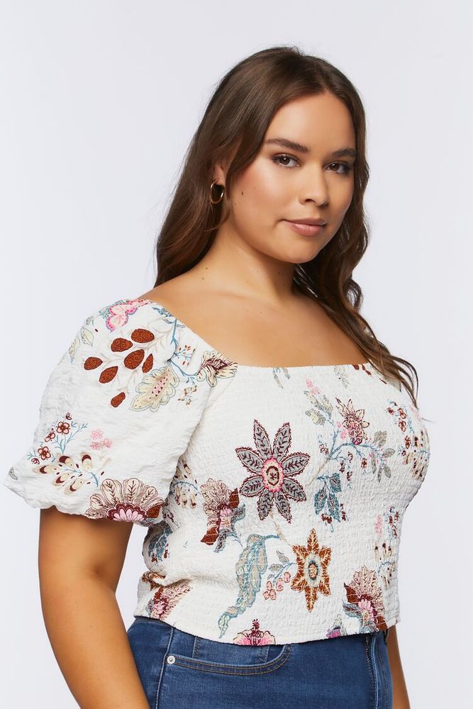 Forever 21 Women's Smocked Floral Print Top in Cream, 2X | Dulles Town  Center
