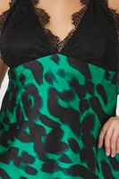 Women's Satin Leopard Maxi Slip Dress in Emerald/Black, 1X