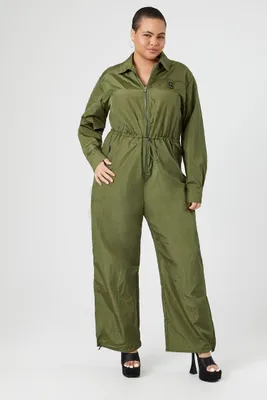 Women's Zip-Up Wide-Leg Jumpsuit in Olive, 2X