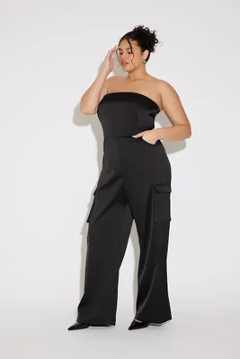 Women's Satin Cargo Jumpsuit Black,