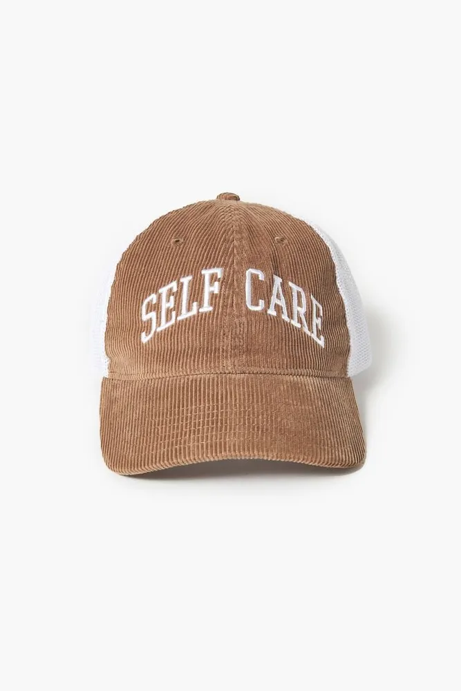 Corduroy Self Care Trucker Cap in Camel/White