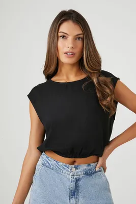 Women's Linen-Blend Boxy Crop Top in Black, XL