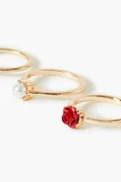 Women's Rhinestone Rose Ring Set in Gold/Red, 6