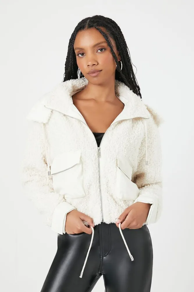 Women's Faux Shearling Zip-Up Hoodie in Ivory Large